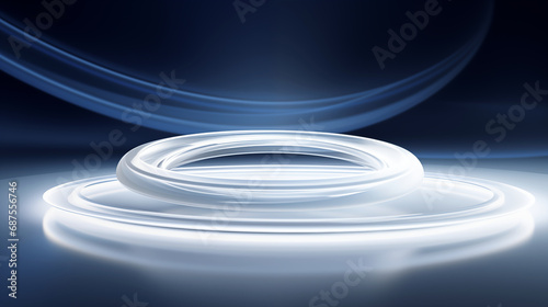 Abstract white circle shape and wave lines on dark background, 3D illustration. 