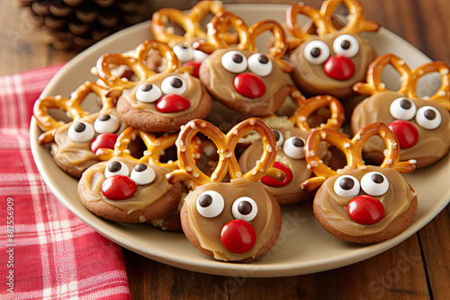 Holiday baking plate of cute reindeer cookies with pretzel antlers