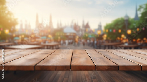 Empty wooden table top with Scandinavian background at Oktoberfest event. Bokeh style background. Stage for product design. Generative AI
