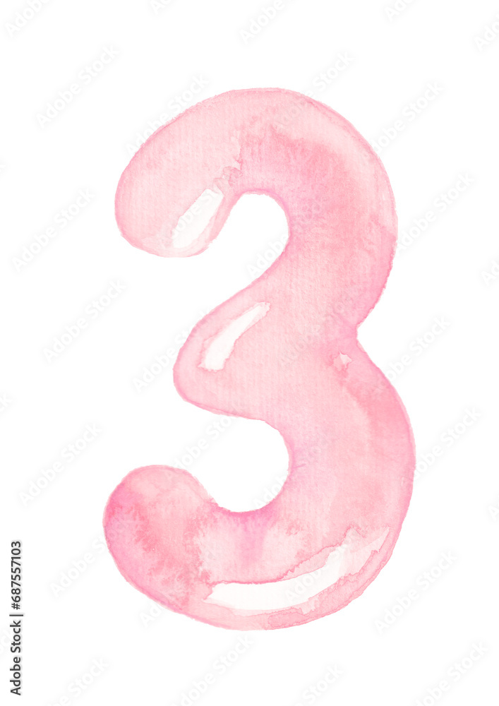 Pink balloon number three for baby girl celebration party, nursery or milestones. Hand-drawn watercolor illustration. Pink balloon number three for baby girl celebration party, nursery or milestones. Hand-drawn watercolor illustration.