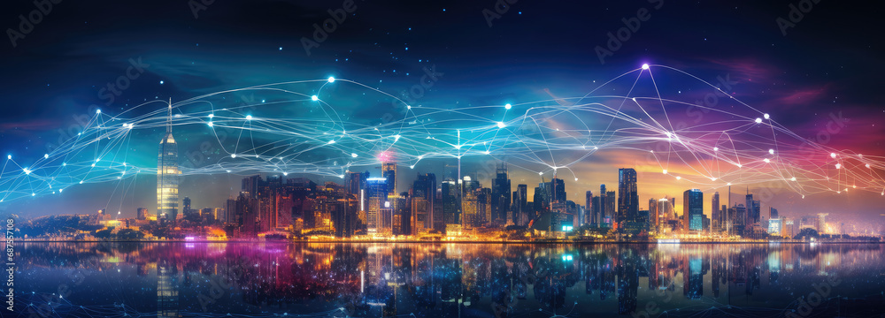 colorful modern city science and technology interconnection information network background material