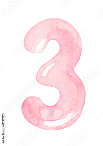 Pink balloon number three for baby girl celebration party, nursery or milestones. Hand-drawn watercolor illustration.