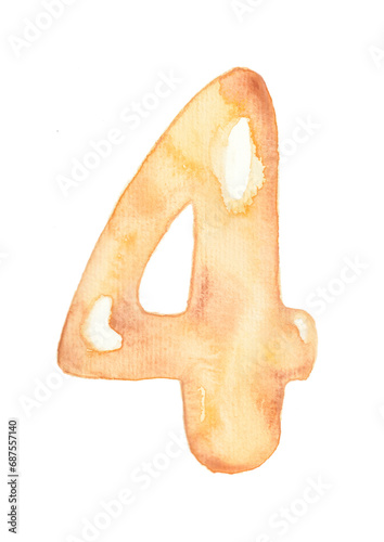 Gold balloon number four for birthday celebration party, nursery or milestones. Hand-drawn watercolor illustration.
