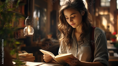 Book Lovers: Woman Engrossed in Reading Their Favorite Book, Joyful Reading Experience, Education, Concept of Literary Bliss and Knowledge Exploration.