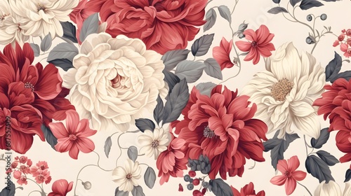 Elegant floral pattern with red and white roses and leaves on a pastel background. © Visual Aurora