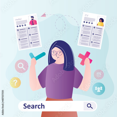 Headhunter choosing new worker. Woman HR agent evaluate candidates for vacancy. Female character holds check and cross mark for select. Company staff expansion, recruitment,