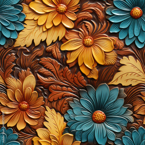 Seamless decorative leather flowers background pattern
