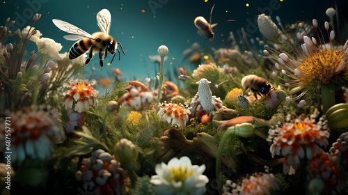 A diverse ecosystem of insects pollinating flowers