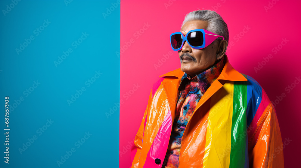 Male model wears glasses and wears colorful clothing. Take photos in the studio highlight your bright stylish look. bright clear color combination The clothes you choose to wear will enhance your look Male model wears glasses and wears colorful clothing. Take photos in the studio highlight your bright stylish look. bright clear color combination The clothes you choose to wear will enhance your look
