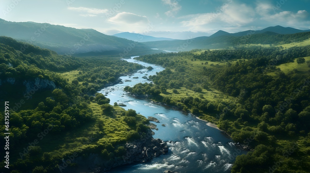 A river flowing through diverse landscapes