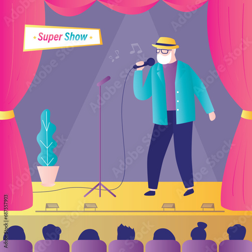 TV talent show. Song contest with lighted stage, aged performer. television competition scene with old man sings popular composition in podium. Elderly singer man on stage