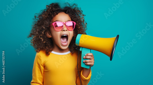 The little boy was holding a megaphone. The photos were taken in the studio to highlight the child's expressiveness and confidence. Carrying a megaphone allows children to express their emotions. photo
