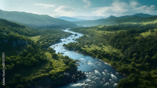 A river flowing through diverse landscapes