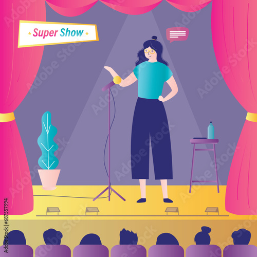 Viewers looking stand up show. Comedy show. Woman comic telling funny stories, jokes in front of live audience. Stand up comedian female character performing