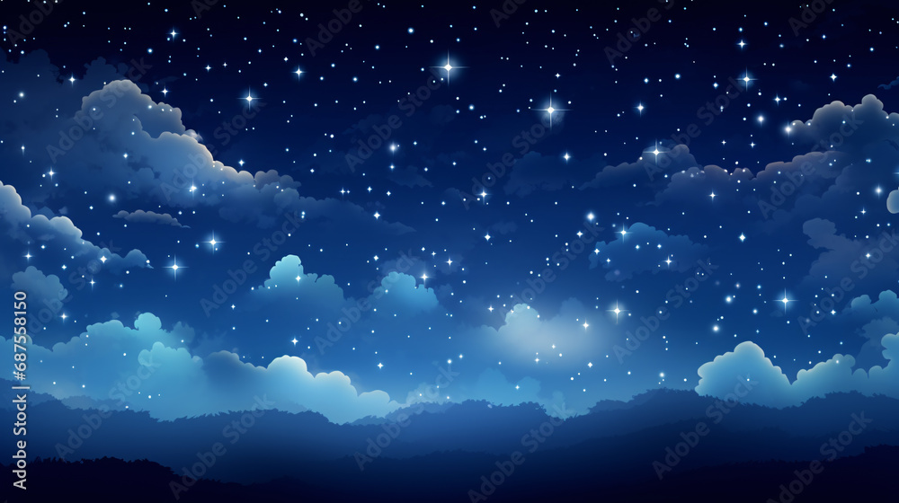 Sky background at night with bright stars The image of the dark sky filled with stars is beautiful and magical. Simulated and realistic images of memories of a night with a hazy sky and bright stars.