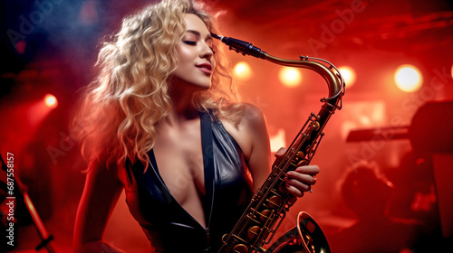 beautiful young woman with saxophone in a nightclub. legal AI