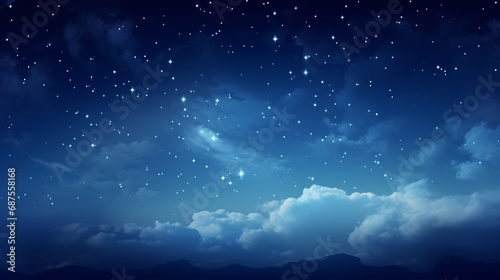 Sky background at night with bright stars The image of the dark sky filled with stars is beautiful and magical. Simulated and realistic images of memories of a night with a hazy sky and bright stars. © peerapong