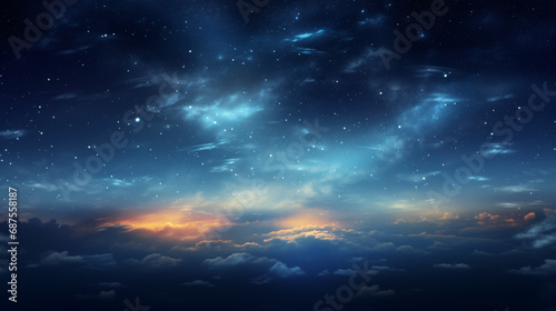 Sky background at night with bright stars The image of the dark sky filled with stars is beautiful and magical. Simulated and realistic images of memories of a night with a hazy sky and bright stars.