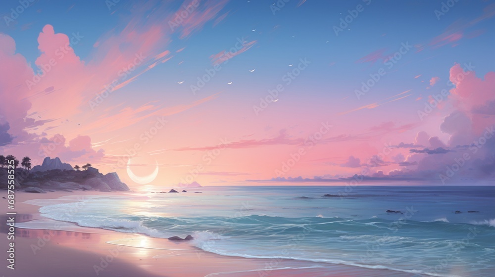 A tranquil beach at dusk, where the gentle pink and cool blue tones meet on the horizon, forming a calm and dreamlike seascape.