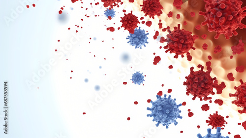 A white background with blue and red coronaviruses and a white background. photo
