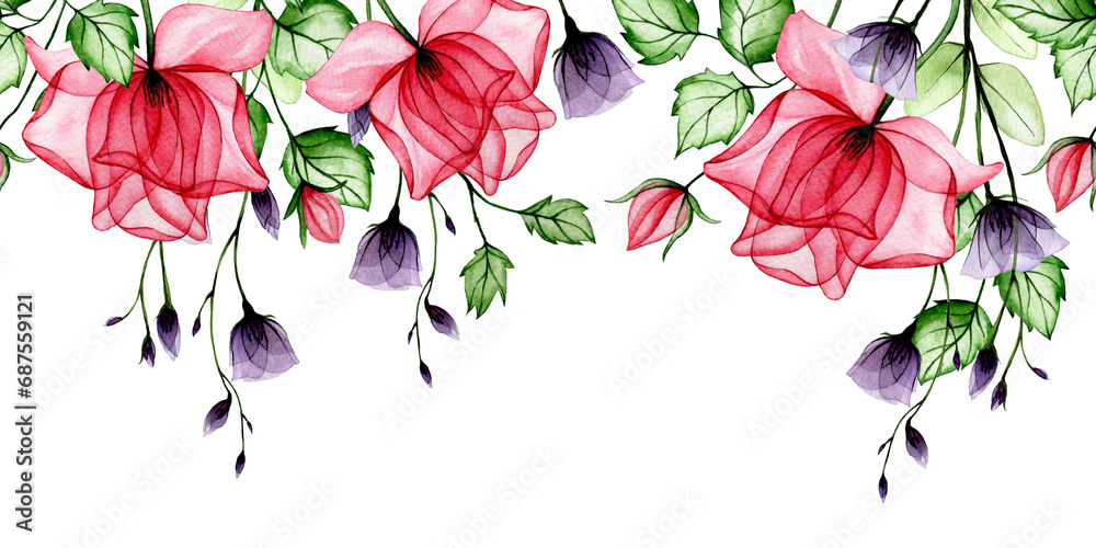 watercolor seamless border, frame with transparent flowers. pink and purple rose flowers, x-ray. - obrazy, fototapety, plakaty 