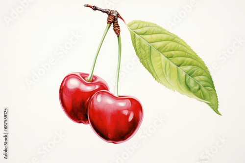 Watercolor illustration of cherry with a leaves isolated on white background. AI generative photo