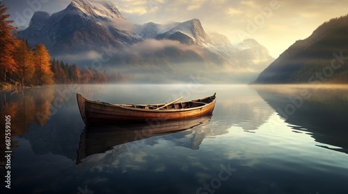 a tranquil scene of a wooden fishing boat gently floating on a crystal-clear lake, with the mountains in the background illuminated by the soft morning light.