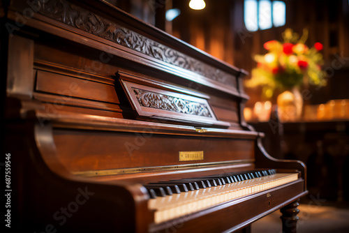 Close up old wooden piano, piano in a church