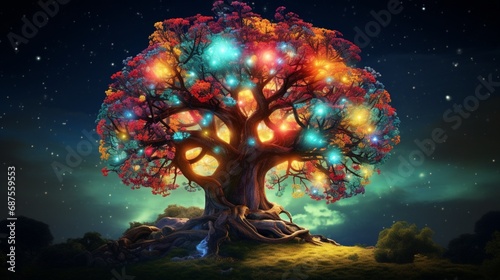a tree that appears to be sprouting colorful, luminous orbs instead of leaves, as if from a fantastical dream world.