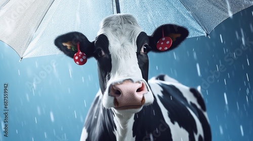 smiling cow in the rain with an umbrella hat Ai Generative