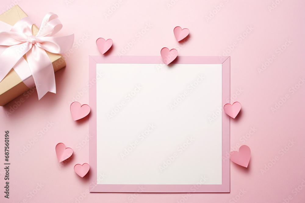 valentine's day banner,with a pink text frame,a scattering of small pink hearts and a ribbon on a pink background,the concept of a Valentine's day greeting card