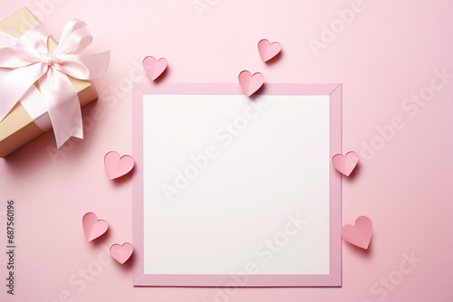 valentine's day banner,with a pink text frame,a scattering of small pink hearts and a ribbon on a pink background,the concept of a Valentine's day greeting card © Наталья Лазарева