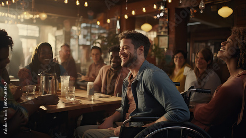 Man with Wheelchair at the Bar: Inclusive Social Gatherings, Disabled Outings, and the Concept of Accessibility and Equality in Recreational Spaces.