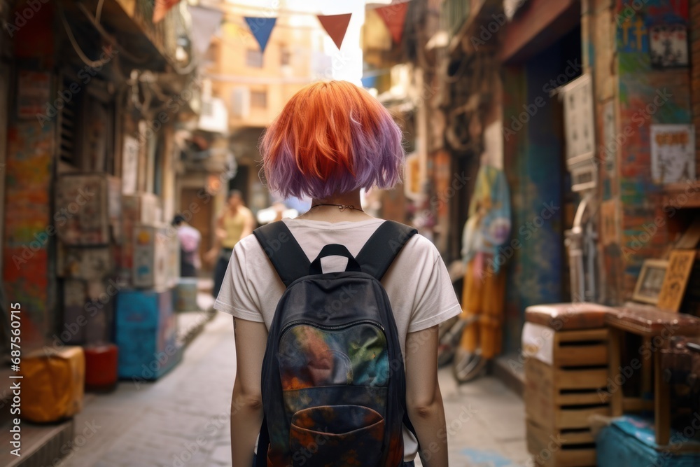 Casual traveler with short hair and a backpack, view from the back.
