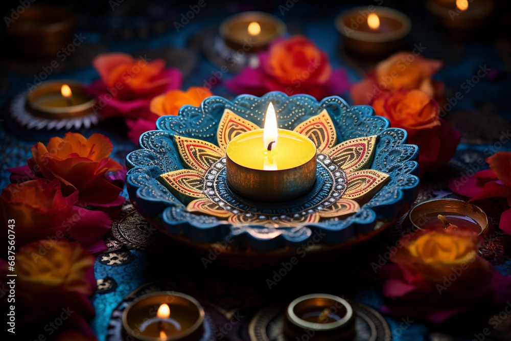 Oil lamps and candles lit on street at night during diwali celebration Oil lamps and candles lit on street at night during diwali celebration