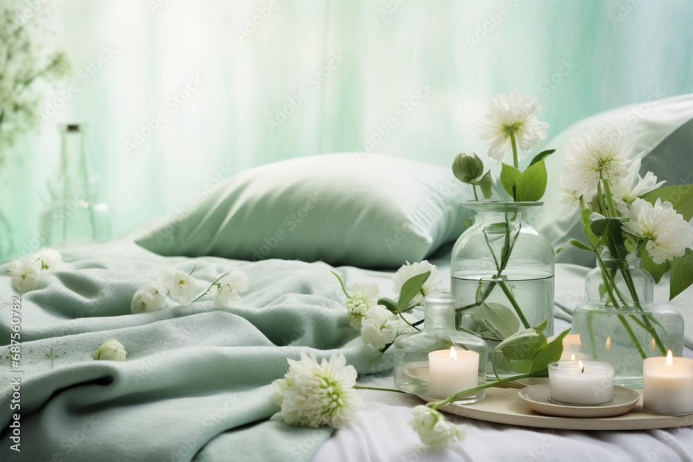 Bedroom interior with candles, flowers and aromatherapy spa accessories Bedroom interior with candles, flowers and aromatherapy spa accessories