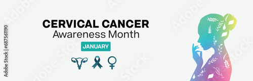 Cervical Cancer Awareness Month banner design. It features a silhouette of a woman in gradient color, a teal ribbon and cervix graphic. Vector illustration