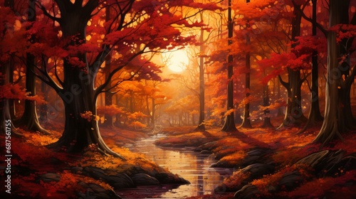 a vibrant autumn forest, with leaves in shades of crimson and gold, creating a breathtaking tapestry of colors.
