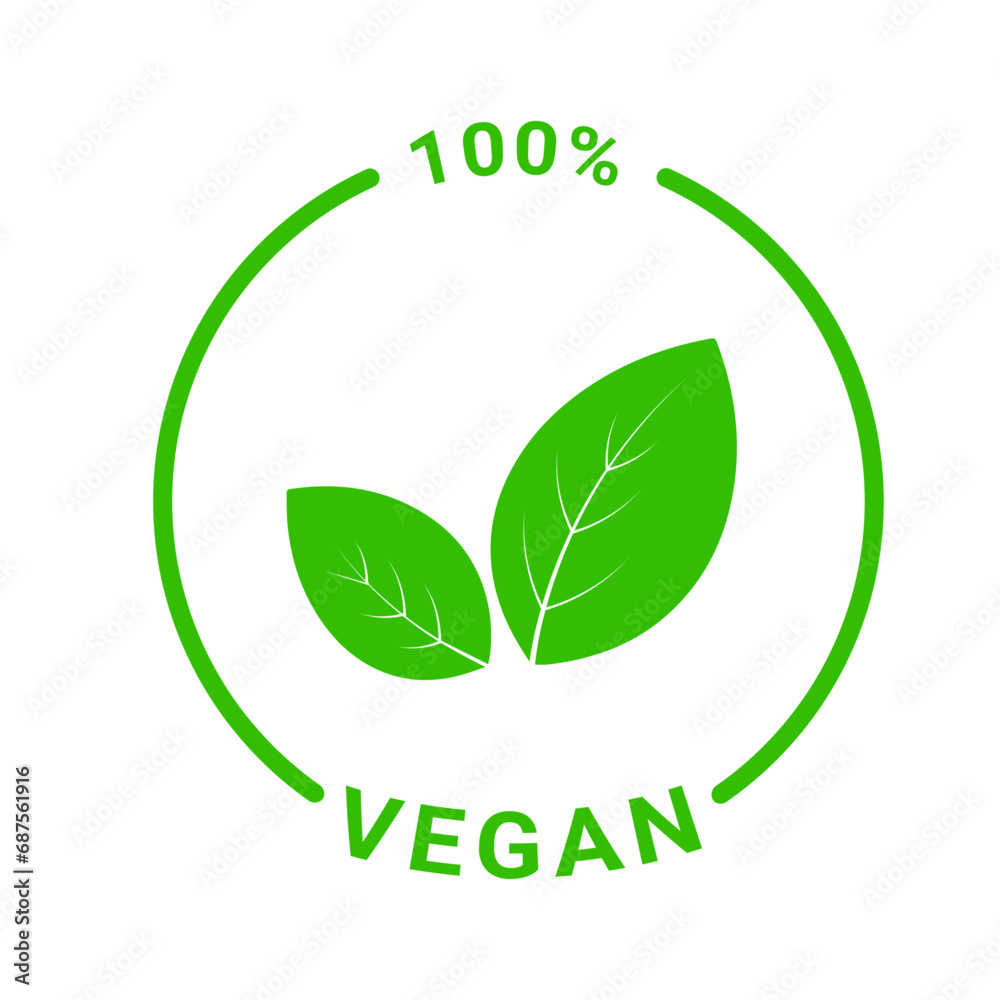 Vegan product 100 percent. Vegan green logo. Eco, bio and organic sign. Vegetarian food label. Vector icon. Vegan product 100 percent. Vegan green logo. Eco, bio and organic sign. Vegetarian food label. Vector icon.