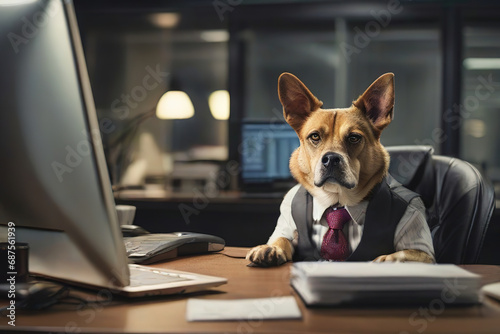 A cute dog is working at a silver laptop in his office. a dog in a jacket at work at a desk. The dog is a businessman
