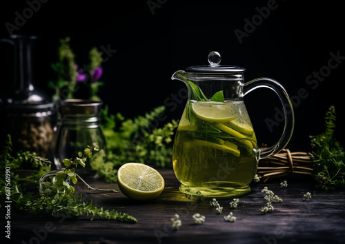 An Herbal Infusion mocktail, its natural green tones serenely poised in the midst of a dark background, symbolizing a harmonious blend of nature and relaxation.