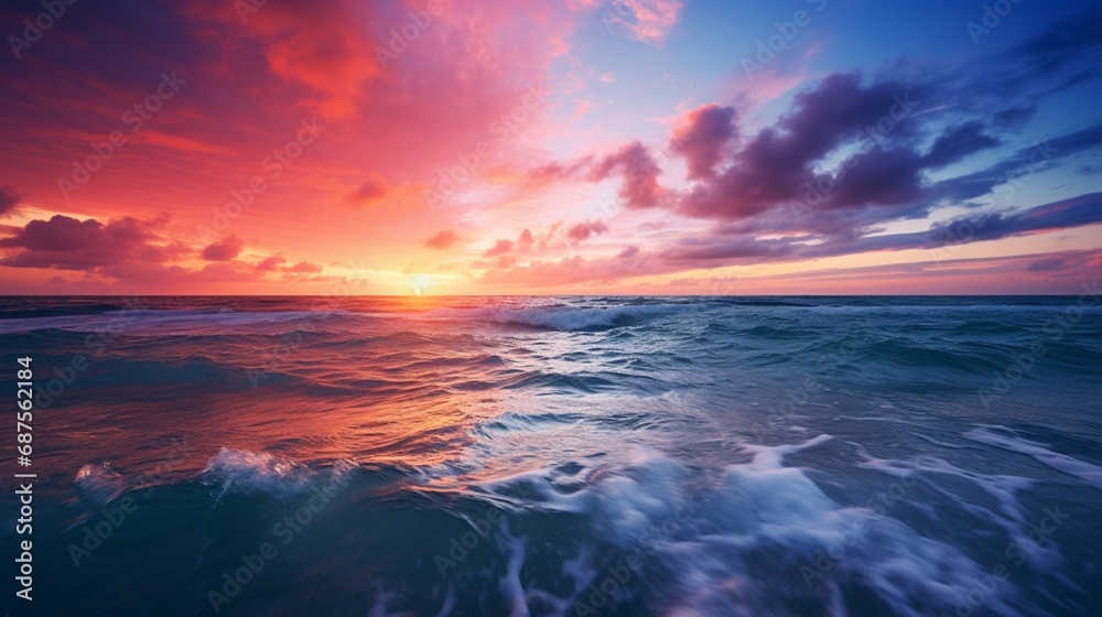 A vibrant pink and deep blue ocean sunset, with the colors reflecting off the water's surface, casting a dreamy and picturesque atmosphere.