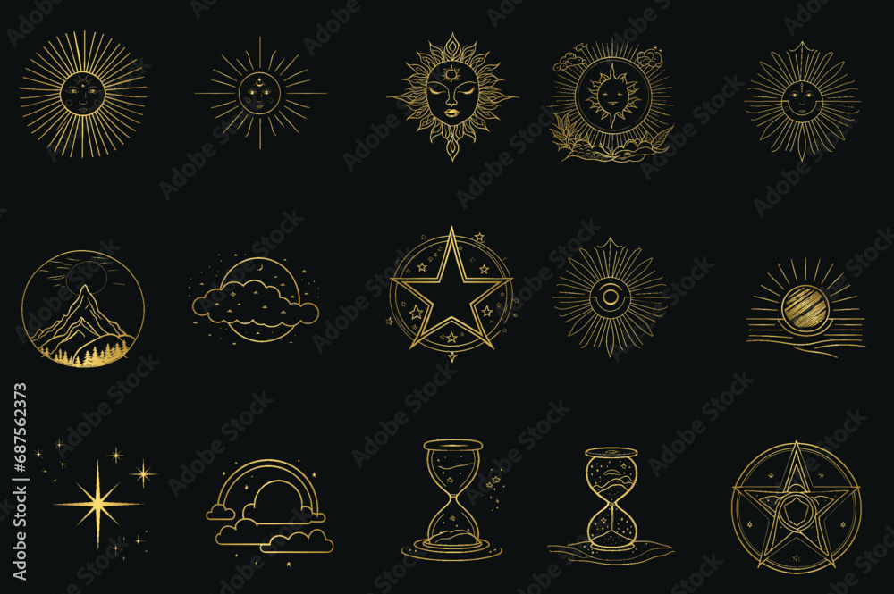 Set of golden celestial and mystic magical elements in vintage boho style Set of golden celestial and mystic magical elements in vintage boho style