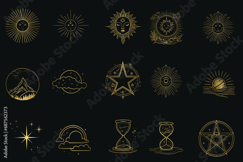 Set of golden celestial and mystic magical elements in vintage boho style