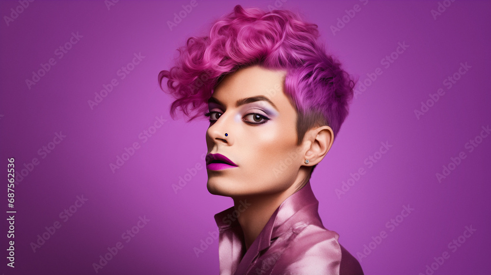 Vibrant beauty portrait of a transgender man, his hair dyed a striking purple, complemented by a full makeup look