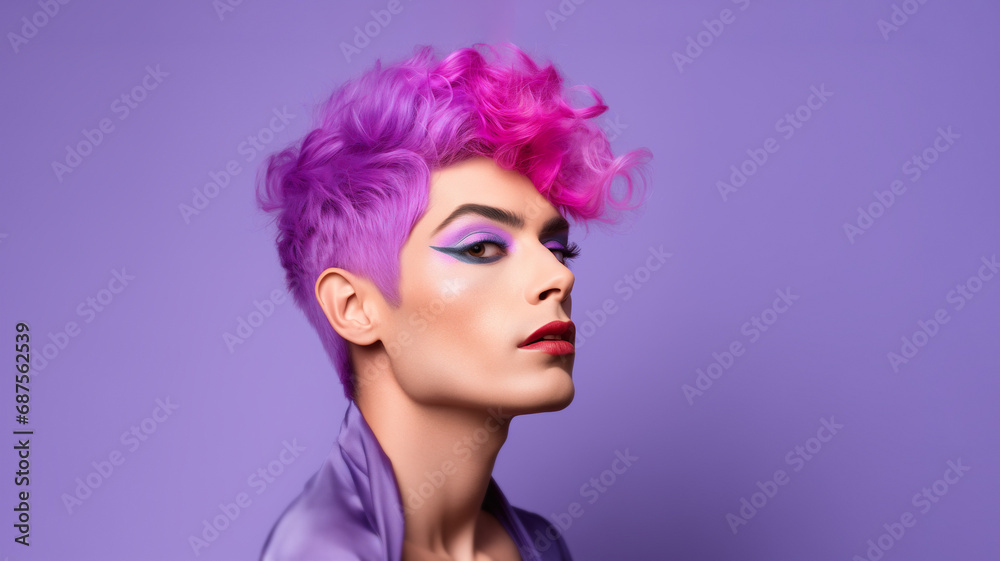 Vibrant beauty portrait of a transgender man, his hair dyed a striking purple, complemented by a full makeup look Vibrant beauty portrait of a transgender man, his hair dyed a striking purple, complemented by a full makeup look