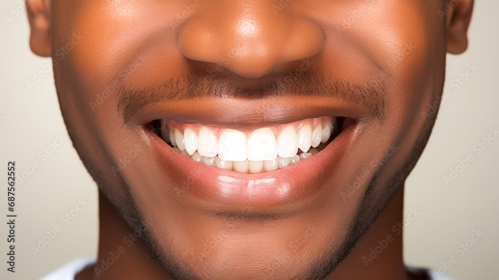 Naklejka premium Closeup of smile african american man with white teeth. Dental care, teeth whitening procedure at dentist. Teeth whitening.