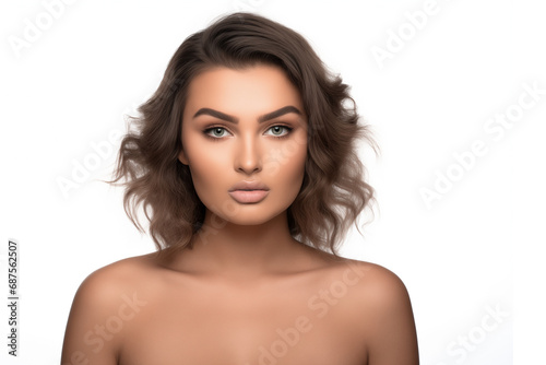Young Caucasian woman with flawless skin, expert makeup, and elegant hairstyle on white background