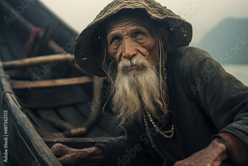 Blind Asian man prophet, adorned with a traditional conical hat, serenely navigating an old boat