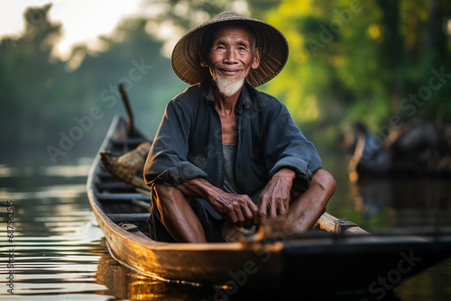 Elderly Asian fisherman with a kind smile, wearing a traditional conical hat while sitting in his old boat
